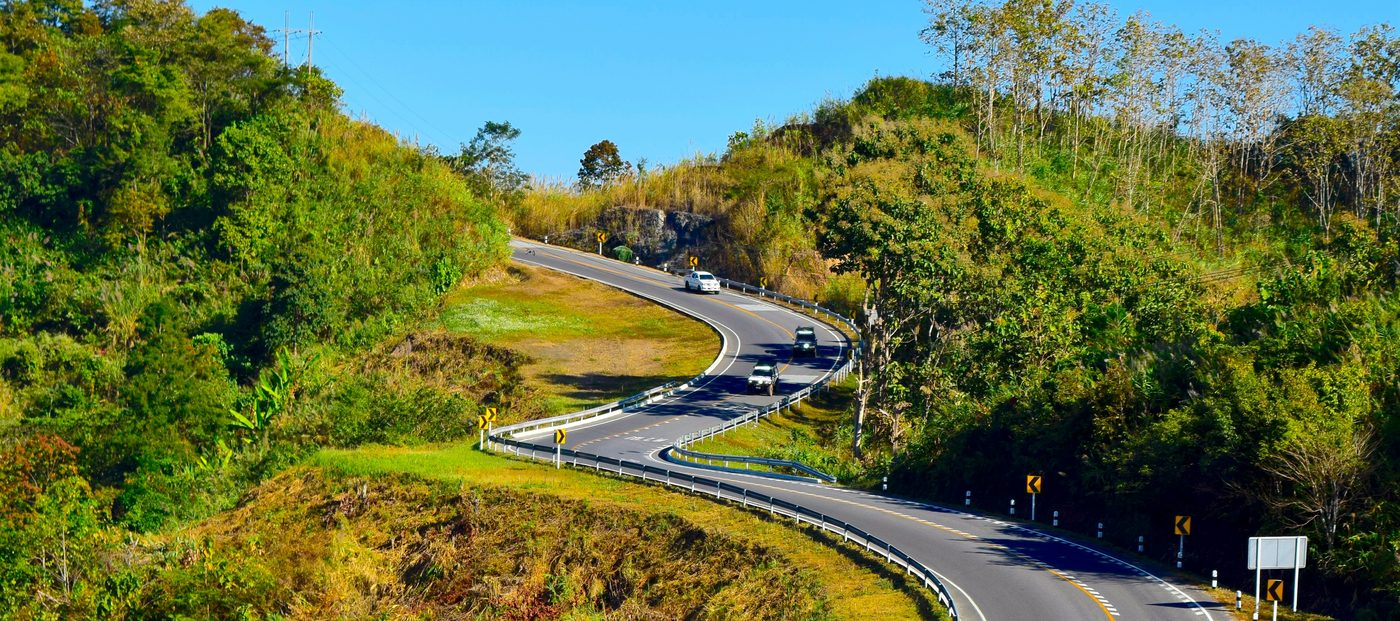 The famous winding road number 3 through the green hills of Nan province, northern Thailand